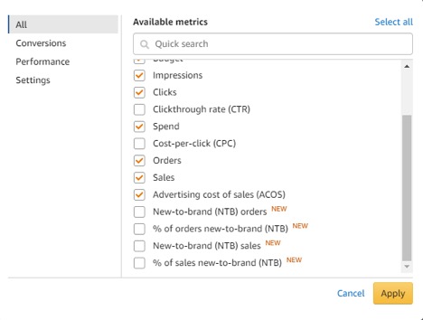 Amazon Available Metrics